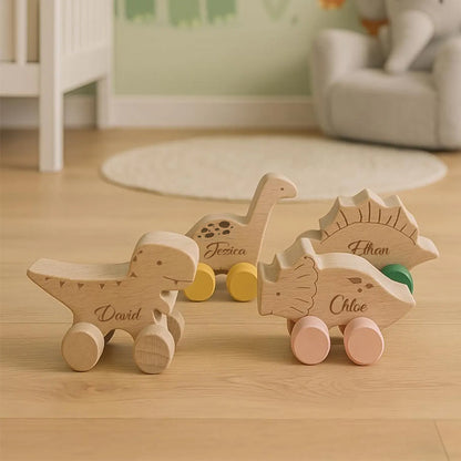 Personalized Dinosaur Family Toy on Wheels – Custom Wooden Keepsake with Engraved Names – Gift for Babies and Families