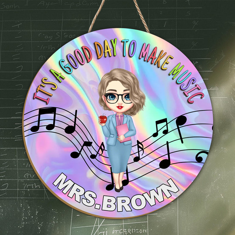 Custom “It’s a Good Day to Make Music” Wooden Sign – Personalized Name & Character – Gift for Music Teachers or Music Room