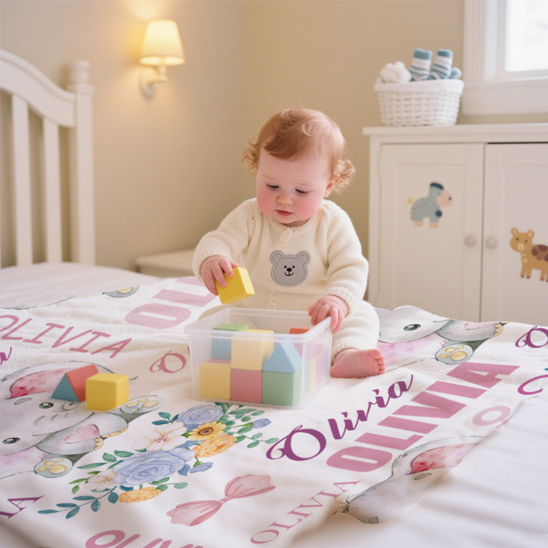 Custom Baby Elephant Blanket – Personalized Keepsake with Name – Perfect Baby Shower or Newborn Gift