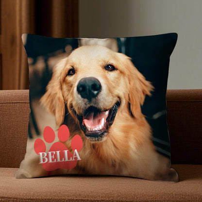 Personalized Pet Photo Pillow with Custom Name in Paw Print – Full Photo Cushion Gift for Dog & Cat Lovers