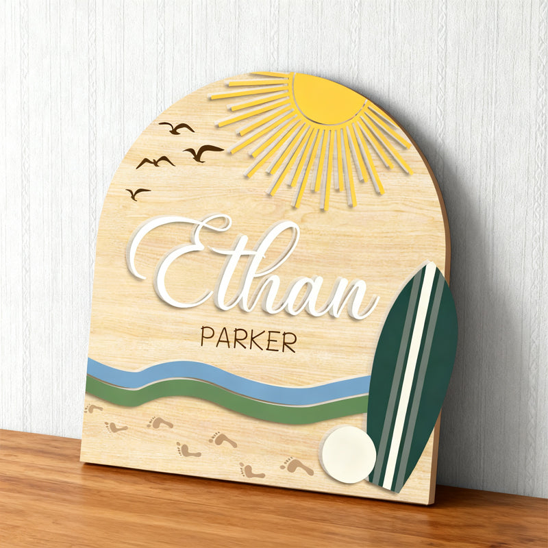 Personalized Wooden Baby Name Sign – Natural Forest and Ocean Design for Nursery or Baby Shower Gift