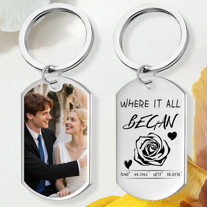 Custom Photo Where It All Began – Personalized Couple Keychain with Coordinates for Anniversaries, Valentine's Day, and Romantic Milestones