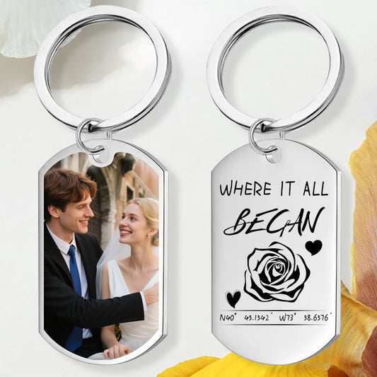 Custom Photo Where It All Began – Personalized Couple Keychain with Coordinates for Anniversaries, Valentine's Day, and Romantic Milestones