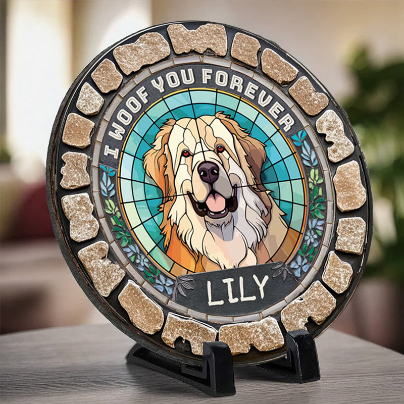 Custom I Woof You Forever- Memorial Personalized Custom 3D Mosaic Faux Stained Glass Print Round Shaped Memorial Stone  - Gift For Pet Owners, Pet Lovers
