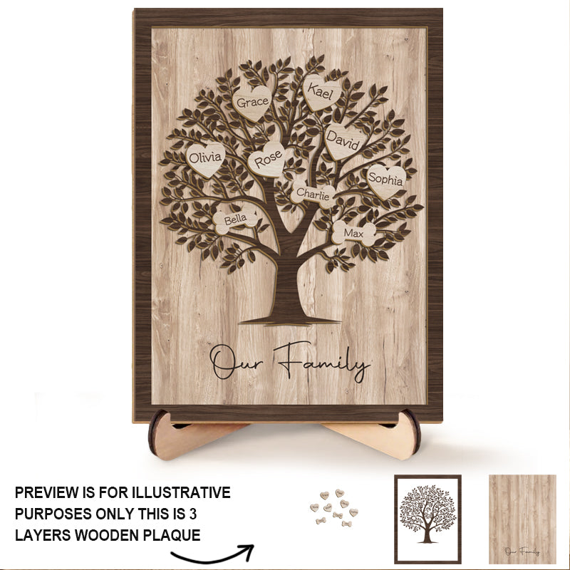 Custom 3-Layer Family Tree Wooden Sign with Hearts, Paw Prints & Bones – Personalized Gift for Mom, Dad & Pet Lovers