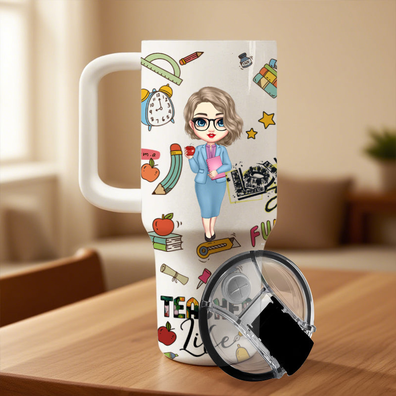 Custom Teacher Character Tumbler – Personalized 40 oz Insulated Cup with Straw, Back to School Gift for Teachers