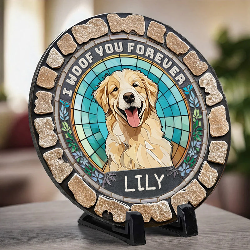 Custom Photo I Woof You Forever- Memorial Personalized Custom 3D Mosaic Faux Stained Glass Print Round Shaped Memorial Stone  - Gift For Pet Owners, Pet Lovers