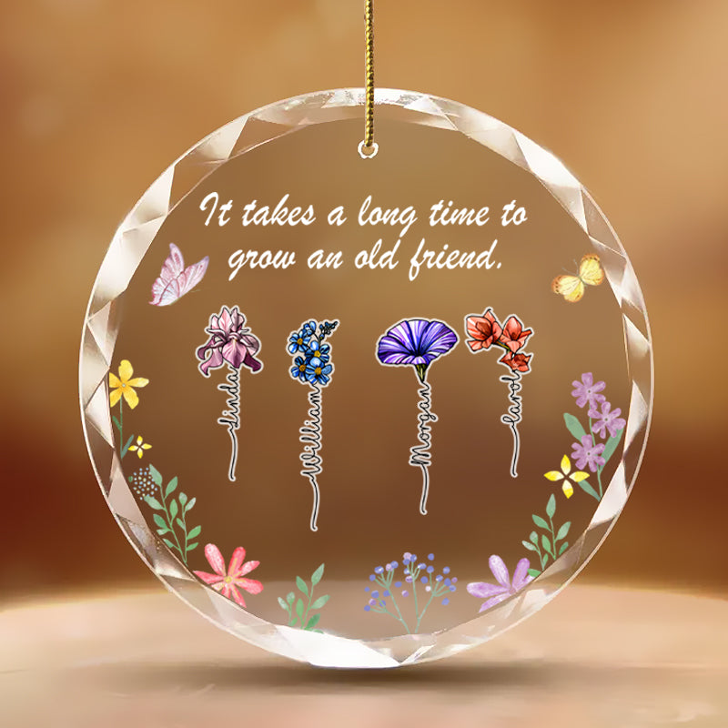 Personalized Floral Friendship Ornament – Custom Glass Keepsake with Names & Bloom Design – Gift for Friends & Special Bonds
