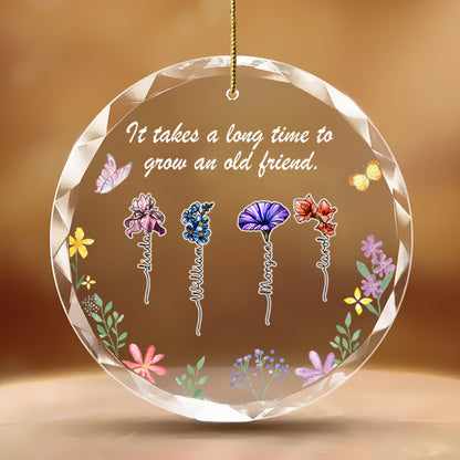 Personalized Floral Friendship Ornament – Custom Glass Keepsake with Names & Bloom Design – Gift for Friends & Special Bonds
