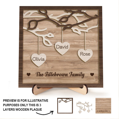 Custom 3-Layer Wooden Family Tree Sign with Hanging Hearts – Personalized Gift for Mom, Dad & Family