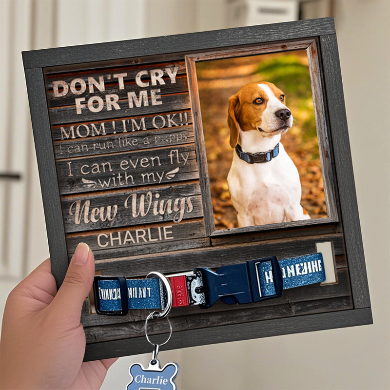 Custom Photo Don't Cry For Me Mom/Dad! I'm Ok!! I Can Run Like A Puppy - Memorial Personalized Custom Pet Loss Sign, Collar Frame - Sympathy Gift For Pet Owners, Pet Lovers