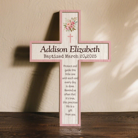 Personalized Floral Cross Keepsake – Custom Name, Occasion & Date – Faith Gift for Baptism, Christening, or Nursery Decor
