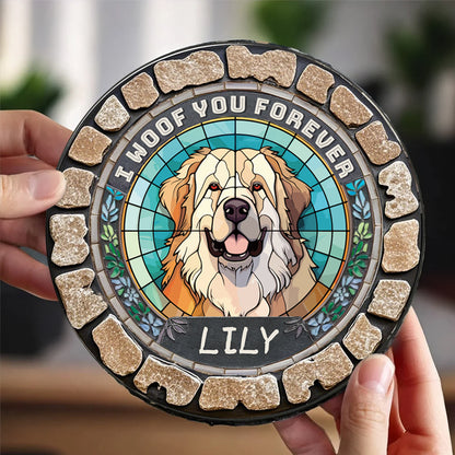 Custom I Woof You Forever- Memorial Personalized Custom 3D Mosaic Faux Stained Glass Print Round Shaped Memorial Stone  - Gift For Pet Owners, Pet Lovers