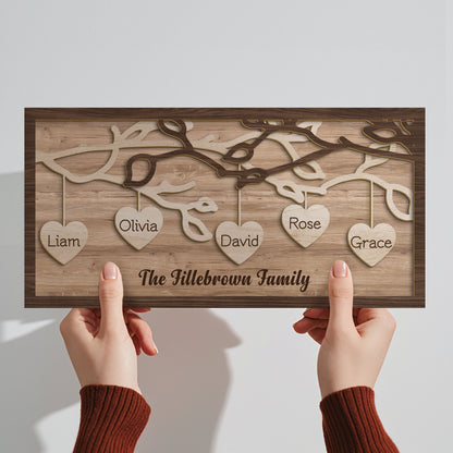 Custom 3-Layer Wooden Family Tree Sign with Hanging Hearts – Personalized Gift for Mom, Dad & Family