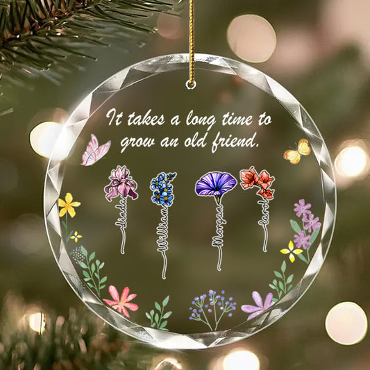 Personalized Floral Friendship Ornament – Custom Glass Keepsake with Names & Bloom Design – Gift for Friends & Special Bonds