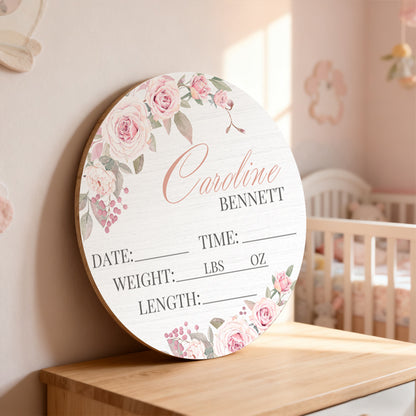 Personalized Baby Stats Wooden Sign – Custom Floral Design for Nursery, Hospital Door, or Baby Shower Gift