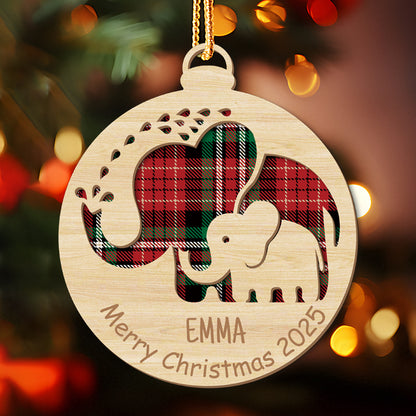 Custom Baby Name Merry Christmas 2025 Wooden Ornament– 2-Layered Elephant Keepsake  – Gift for Families & Loved Ones