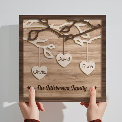 Custom 3-Layer Wooden Family Tree Sign with Hanging Hearts – Personalized Gift for Mom, Dad & Family