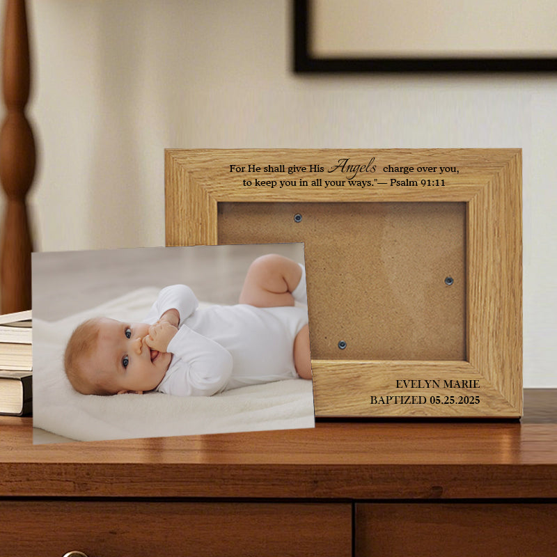 Custom Baby Baptism Frame with Printed Photo – Personalized Name & Date – Psalm 91:11 Quote – Gift for Christening or Baby Dedication