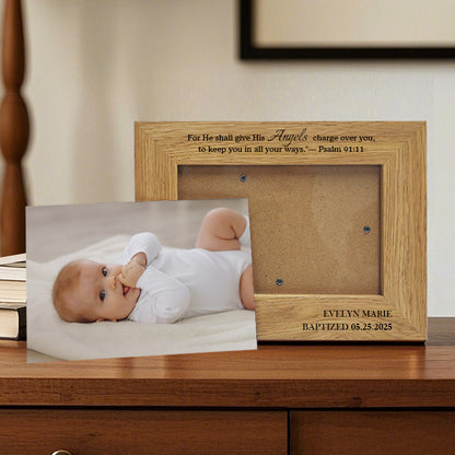 Custom Baby Baptism Frame with Printed Photo – Personalized Name & Date – Psalm 91:11 Quote – Gift for Christening or Baby Dedication