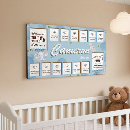 Custom Baby Monthly Milestone Frame – Personalized Wooden Keepsake for 14 Photos with Monthly Captions – Gift for New Parents or Baby Shower
