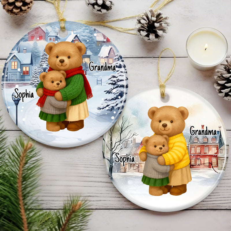 Heartwarming Teddy Bear Grandma Hugging Grandkid - Personalized Ceramic Ornament - Gift For Grandkids, Granddaughter, Grandson