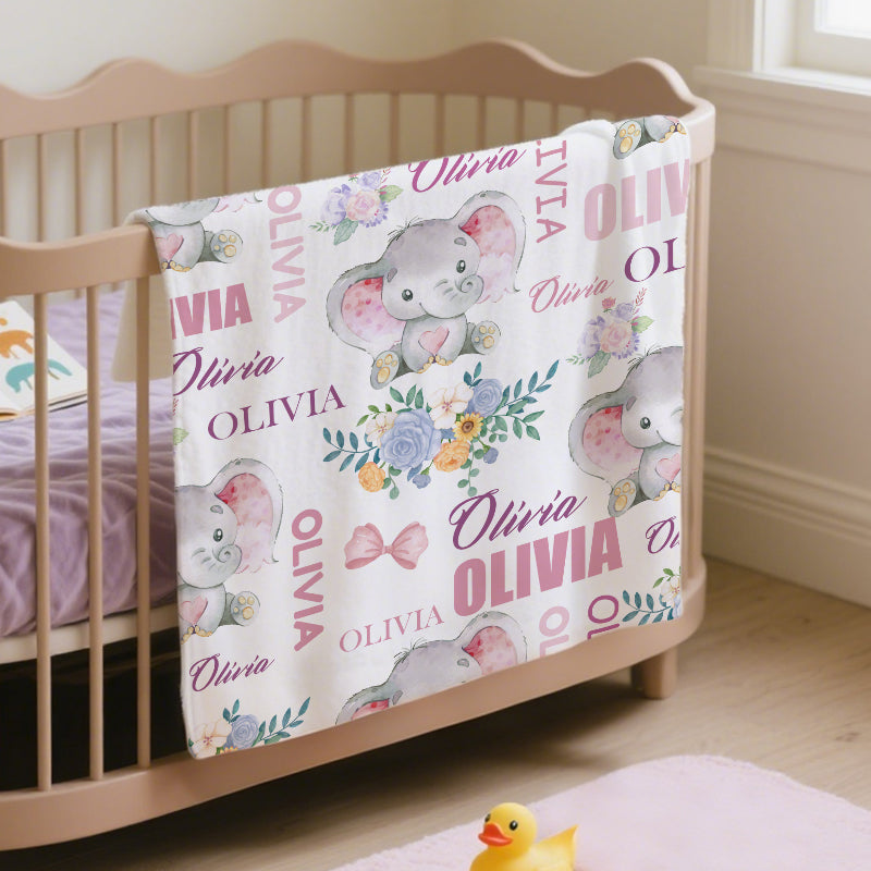 Custom Baby Elephant Blanket – Personalized Keepsake with Name – Perfect Baby Shower or Newborn Gift