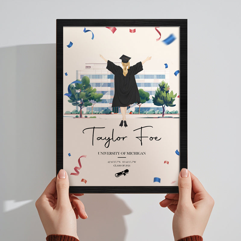 Custom Graduation Silhouette Sign – Personalized Wooden Plaque with Name, Year, University, and Coordinates for Graduates and Celebration Decor