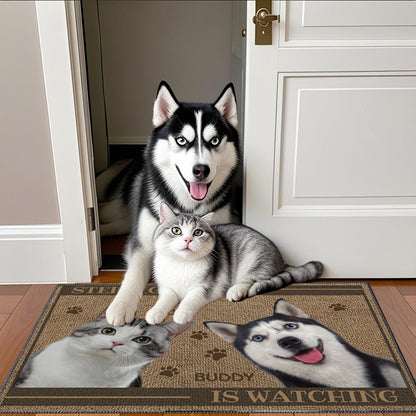 Custom Photo Step Lightly, The Dog And Cat Are Watching - Dog & Cat Personalized Custom Home Decor Decorative Mat - House Warming Gift For Pet Owners, Pet Lovers