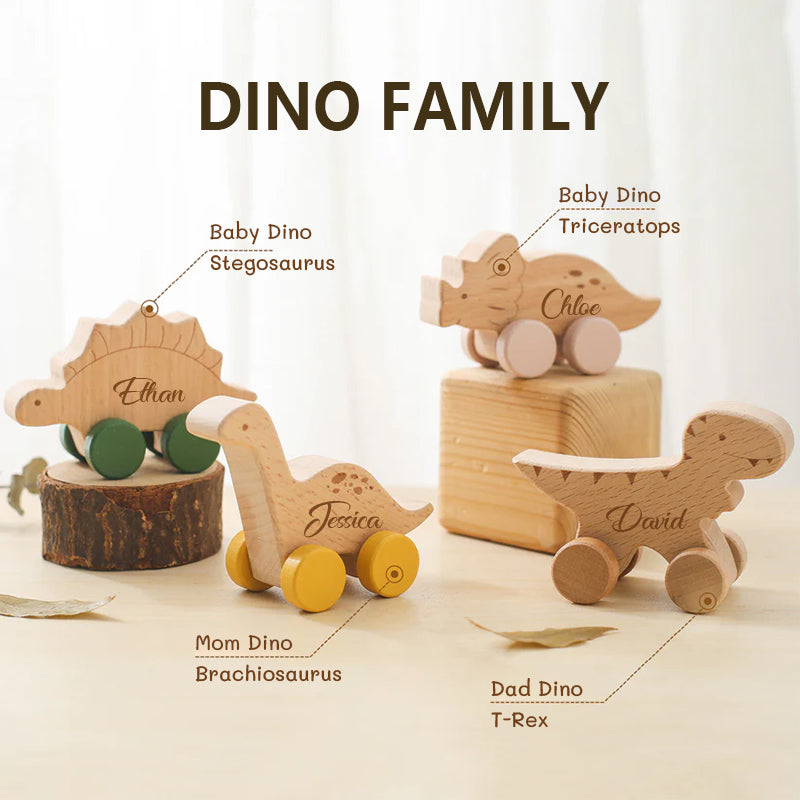 Personalized Dinosaur Family Toy on Wheels – Custom Wooden Keepsake with Engraved Names – Gift for Babies and Families