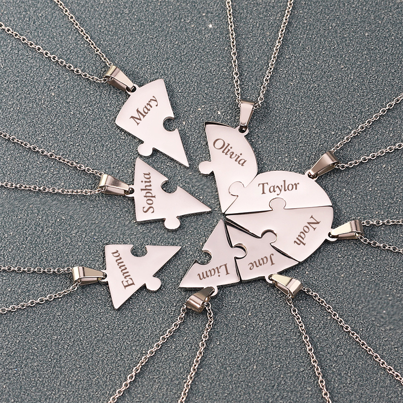 Custom Heart Puzzle Necklace – Personalized Name Charms – Gift for Family & Loved Ones