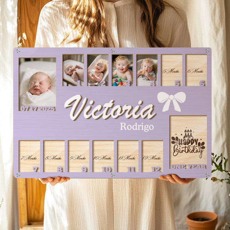 Custom Baby Monthly Milestone Frame  – Personalized Wooden Keepsake for 14 Photos – Gift for New Parents or Baby Shower