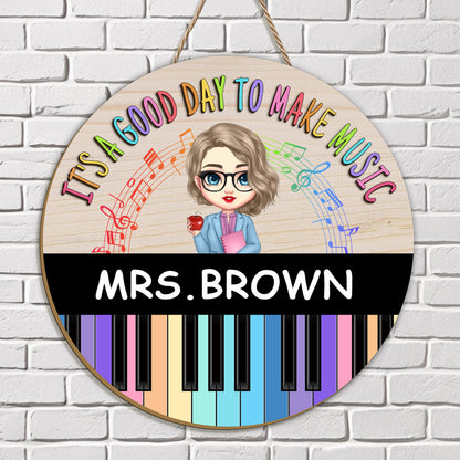 Custom “It’s a Good Day to Make Music” Wooden Sign – Personalized Name & Character – Gift for Music Teachers or Music Room