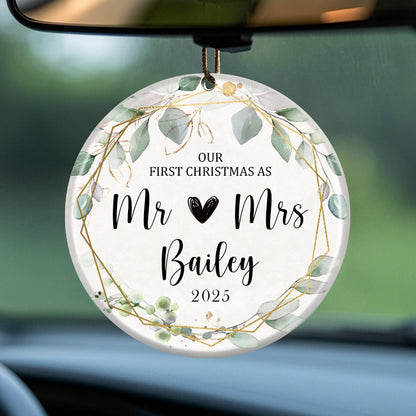 Personalized Our First Christmas as Mr ❤ Mrs Ornament – Custom Ceramic Keepsake with Last Name & Year – Gift for Newlyweds, Spouse, or Married Couple