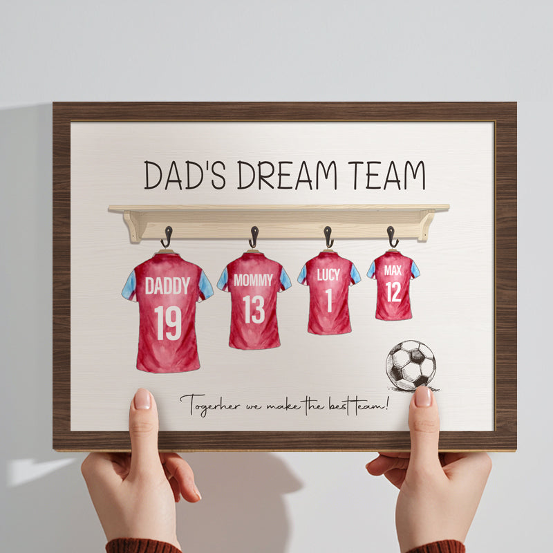 Custom Dad’s Dream Team Football Shirt Print - 2-Layered Wooden Sign Keepsake for Father’s Day, Dad, Grandad, and Football Fans