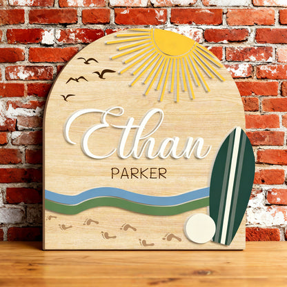 Personalized Wooden Baby Name Sign – Natural Forest and Ocean Design for Nursery or Baby Shower Gift