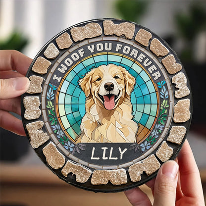 Custom Photo I Woof You Forever- Memorial Personalized Custom 3D Mosaic Faux Stained Glass Print Round Shaped Memorial Stone  - Gift For Pet Owners, Pet Lovers