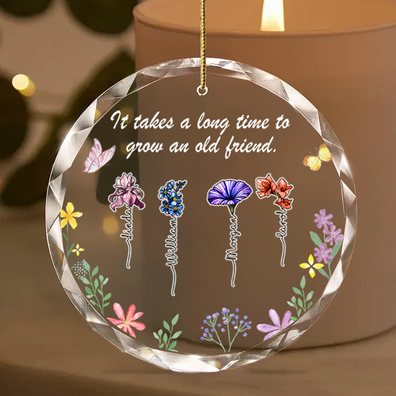 Personalized Floral Friendship Ornament – Custom Glass Keepsake with Names & Bloom Design – Gift for Friends & Special Bonds