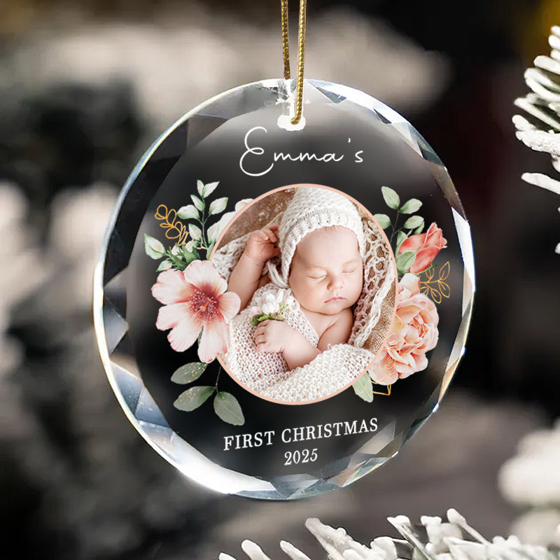 Personalized Baby Photo Ornament – Custom Glass Keepsake for First Christmas 2025 – Floral Gift for Families