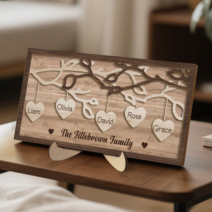 Custom 3-Layer Wooden Family Tree Sign with Hanging Hearts – Personalized Gift for Mom, Dad & Family
