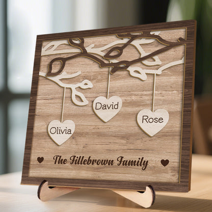 Custom 3-Layer Wooden Family Tree Sign with Hanging Hearts – Personalized Gift for Mom, Dad & Family