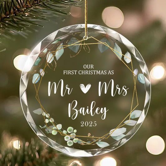 Personalized Our First Christmas as Mr ❤ Mrs Ornament – Custom Glass Keepsake with Last Name & Year – Gift for Newlyweds, Spouse, or Married Couple
