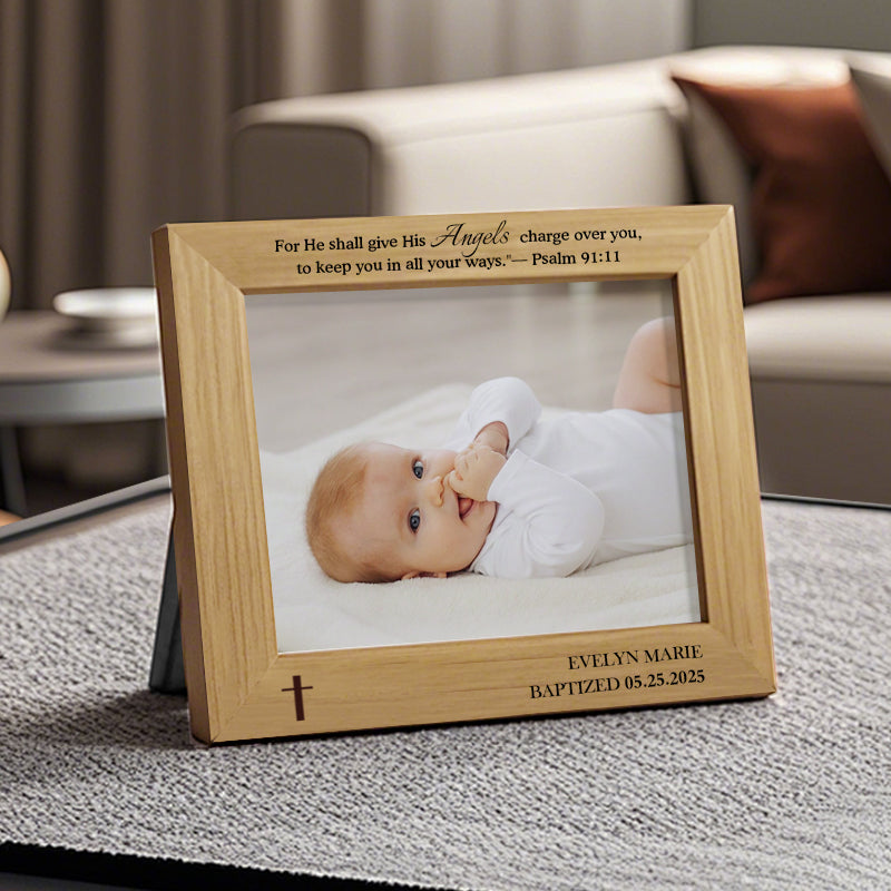 Custom Baby Baptism Frame with Printed Photo – Personalized Name & Date – Psalm 91:11 Quote – Gift for Christening or Baby Dedication