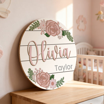 Personalized Baby Name Wooden Sign – Custom Floral Design for Nursery, Hospital Door, or Baby Shower Gift