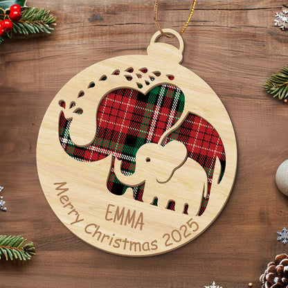Custom Baby Name Merry Christmas 2025 Wooden Ornament– 2-Layered Elephant Keepsake  – Gift for Families & Loved Ones