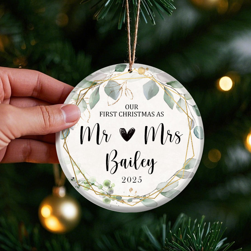 Personalized Our First Christmas as Mr ❤ Mrs Ornament – Custom Ceramic Keepsake with Last Name & Year – Gift for Newlyweds, Spouse, or Married Couple