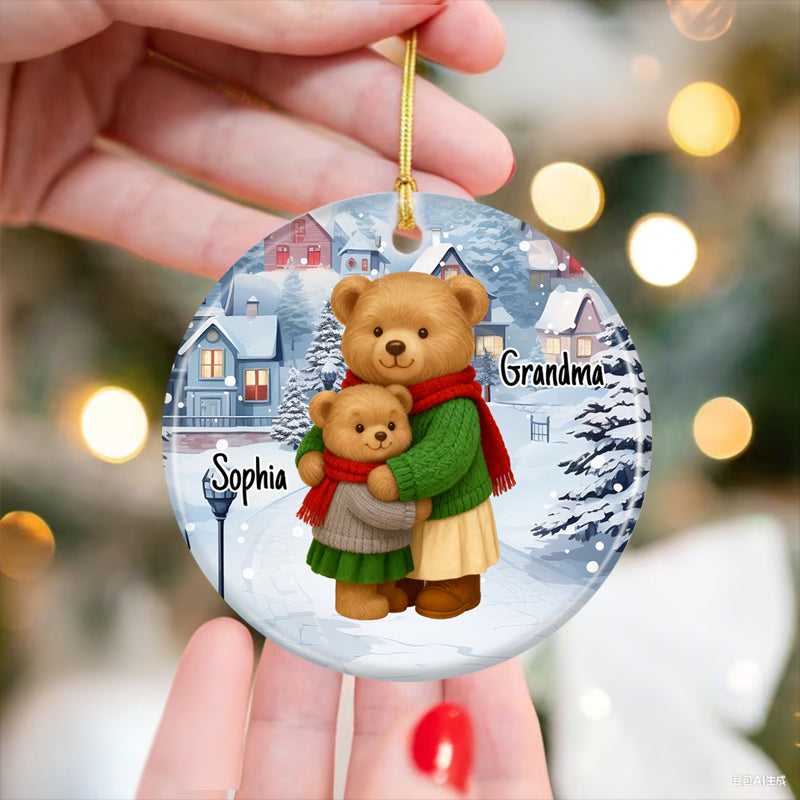 Heartwarming Teddy Bear Grandma Hugging Grandkid - Personalized Ceramic Ornament - Gift For Grandkids, Granddaughter, Grandson