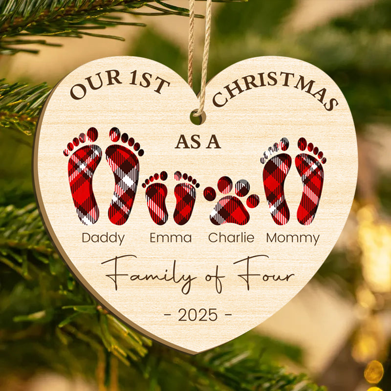 First Christmas as a Family of Four – Personalized Wooden Footprint Heart Ornament – Gift for Families & Loved Ones