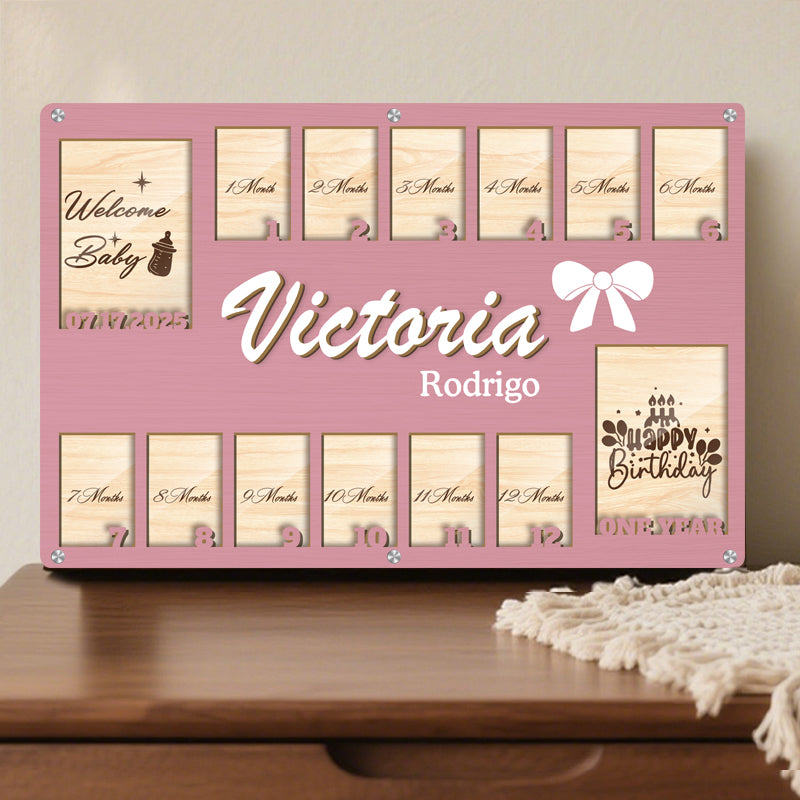 Custom Baby Monthly Milestone Frame  – Personalized Wooden Keepsake for 14 Photos – Gift for New Parents or Baby Shower