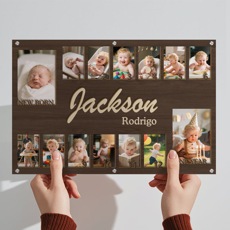 Custom Baby First Year Photo Frame – Personalized Wooden Keepsake for 14 Photos – Gift for New Parents or Baby Shower